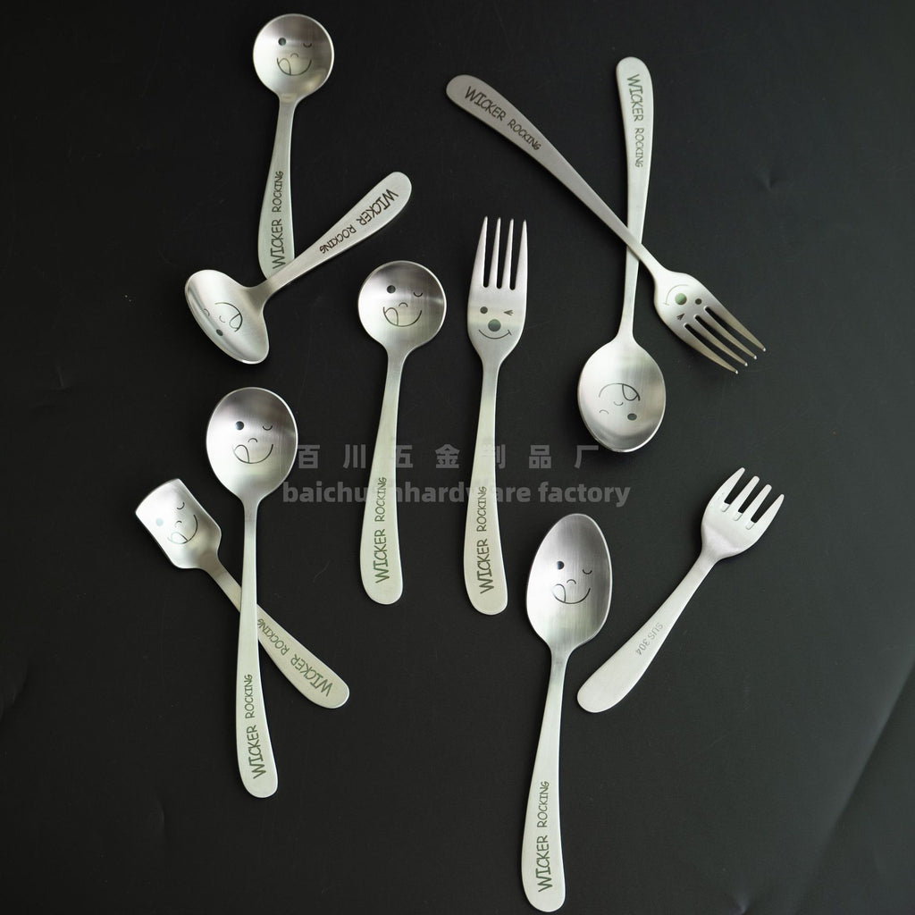 304Stainless Steel Creative Smiley Face Slanted Handle Laser Spoon Chopsticks Fork Student Tableware Full Set Gift Children's Tableware