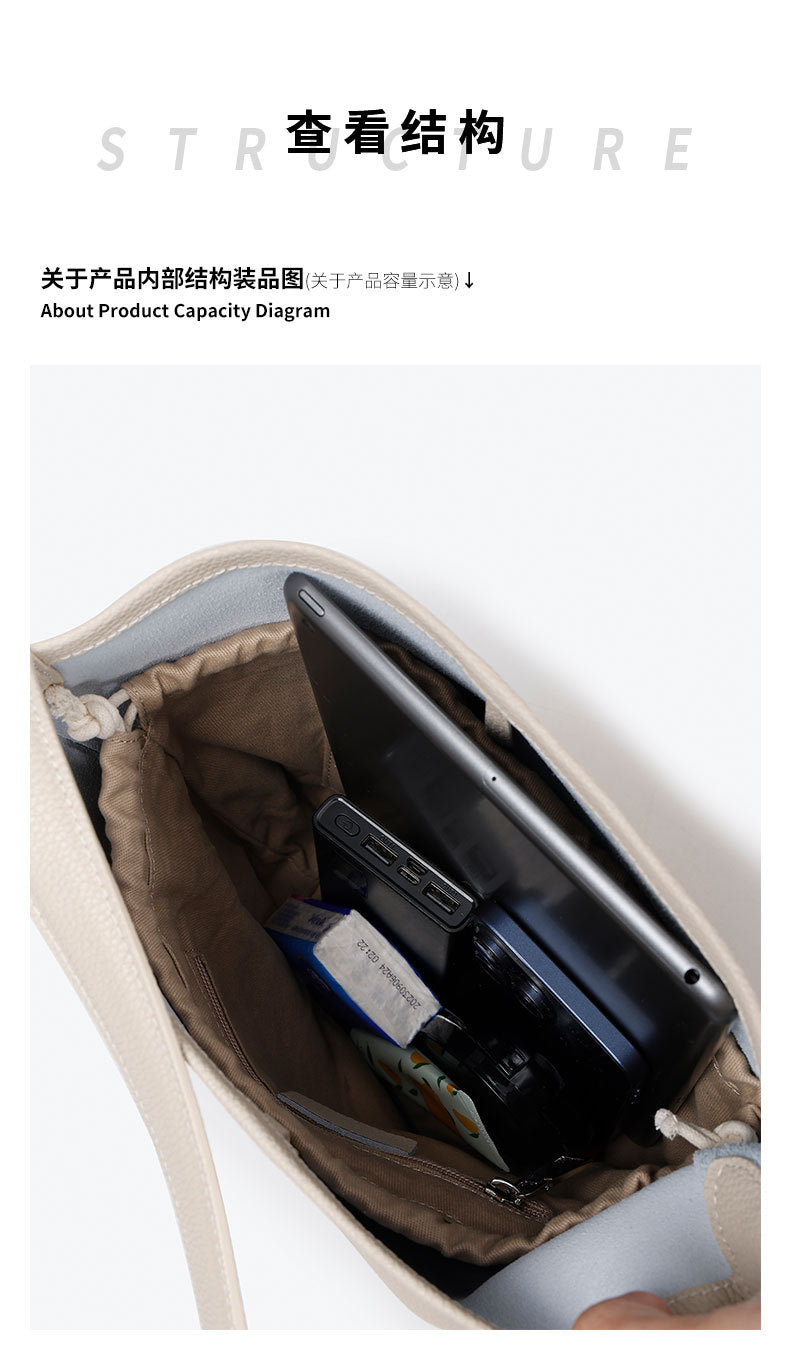 Autumn and Winter Niche row Bucket Bag Top Layer Cowhide Single Shoulder Bag Large Capacity Tote Bag for Women Commuting