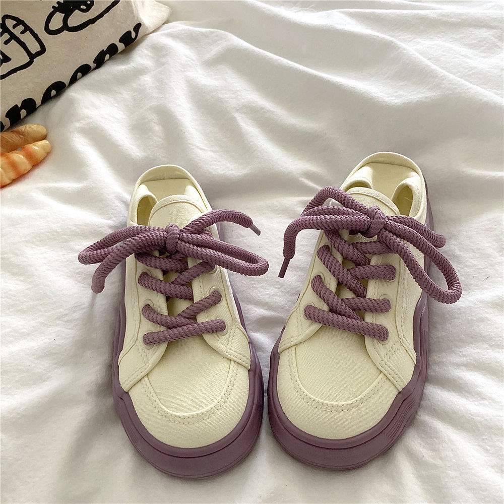 Honeydew Green~!Niche chic Korean Style Two-Way Canvas Shoes for Women, Summer Breathable Thin Versatile Thick-Soled White Shoes