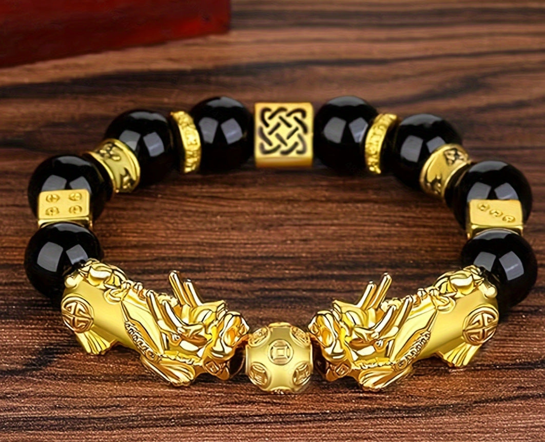 Imitation Obsidian silver Pixiu Bracelet for Women, Wealth-Attracting and Blessing Multi-Gem Bracelet with Six-Word Mantra Buddhist Beads Pixiu Bracelet