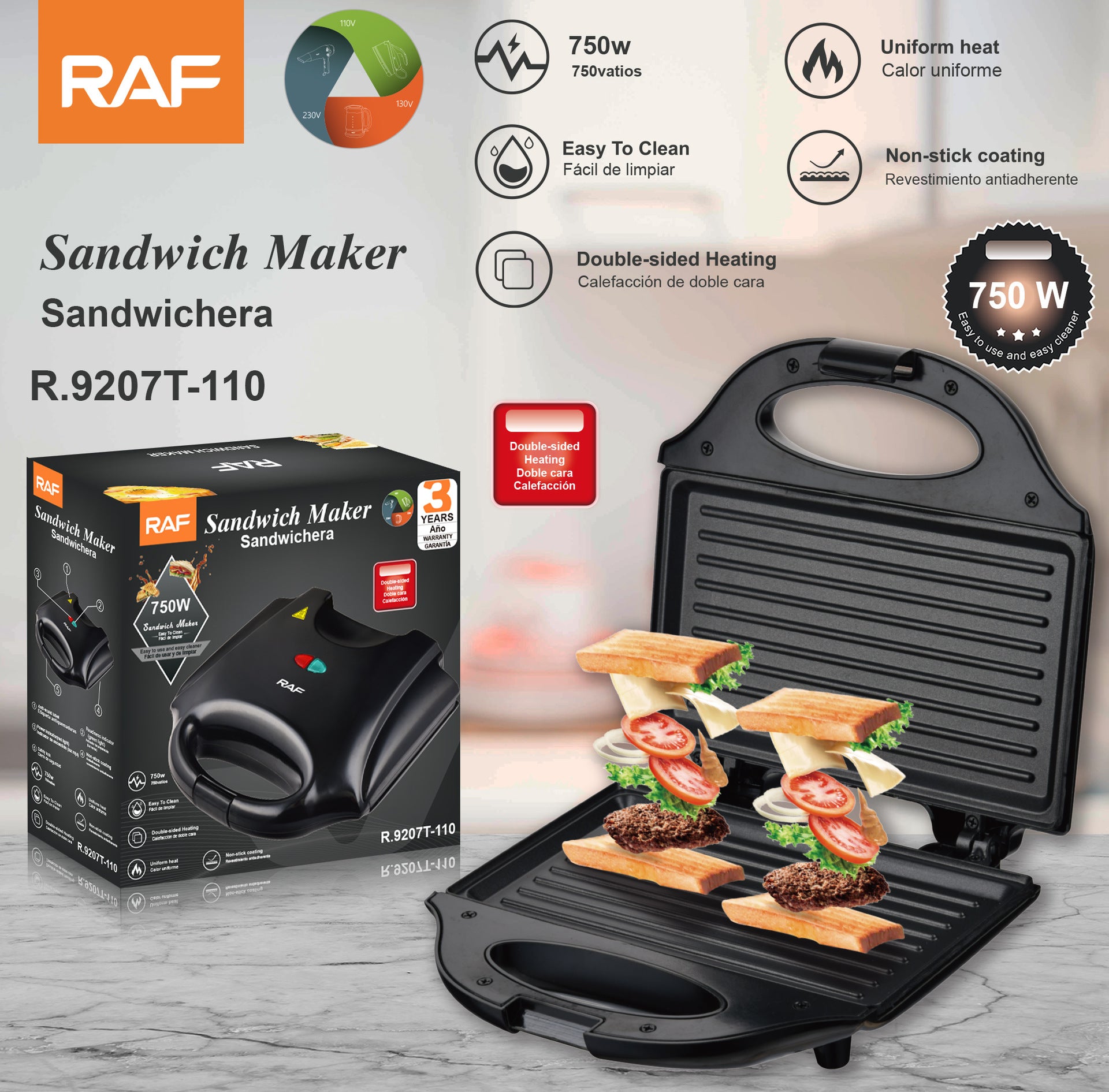 RAF European Standard Sandwich Maker Breakfast Machine Waffle Maker Toaster Multifunctional Light Food Machine Breakfast Machine