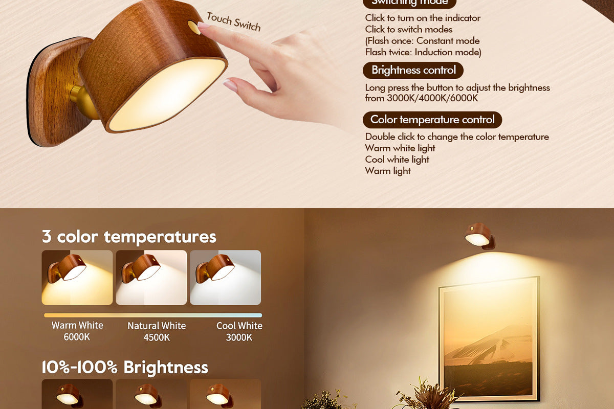 Square Solid Wood Sensor Light New Creative Cabinet Light Bedside Bedroom Smart LED Radar Human Body Night Light
