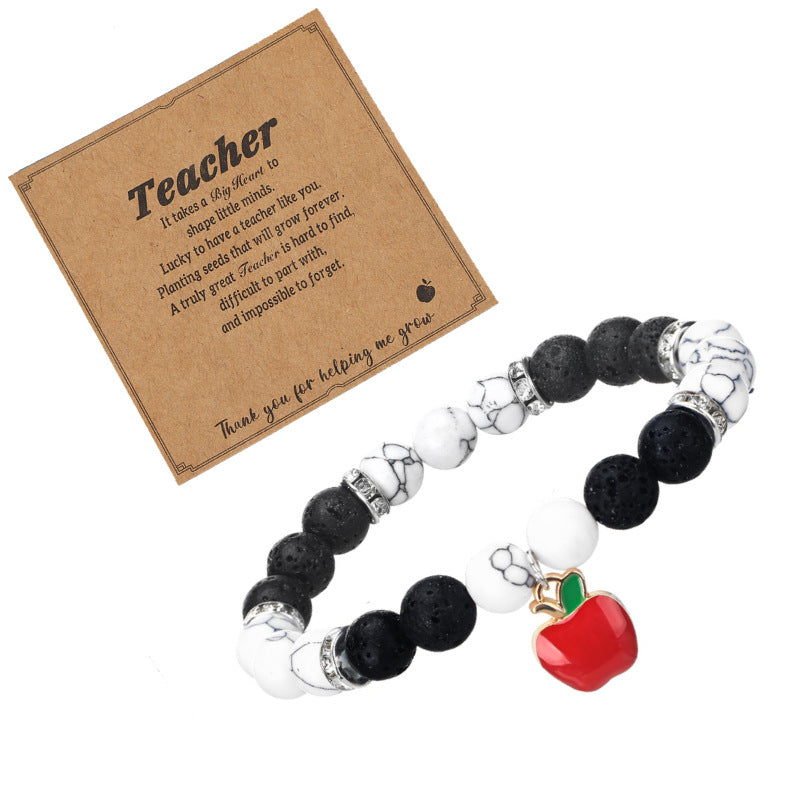 Gratitude Teacher Gift Bracelet White Pine Volcanic Stone8mm Beaded Elastic Bracelet Teacher's Day Apple Pendant Bracelet