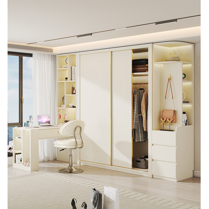 E0European Pine Board Warm White Sliding Door Wardrobe Desk Integrated Set Cream Style Bedroom Home Solid Wood Large Wardrobe