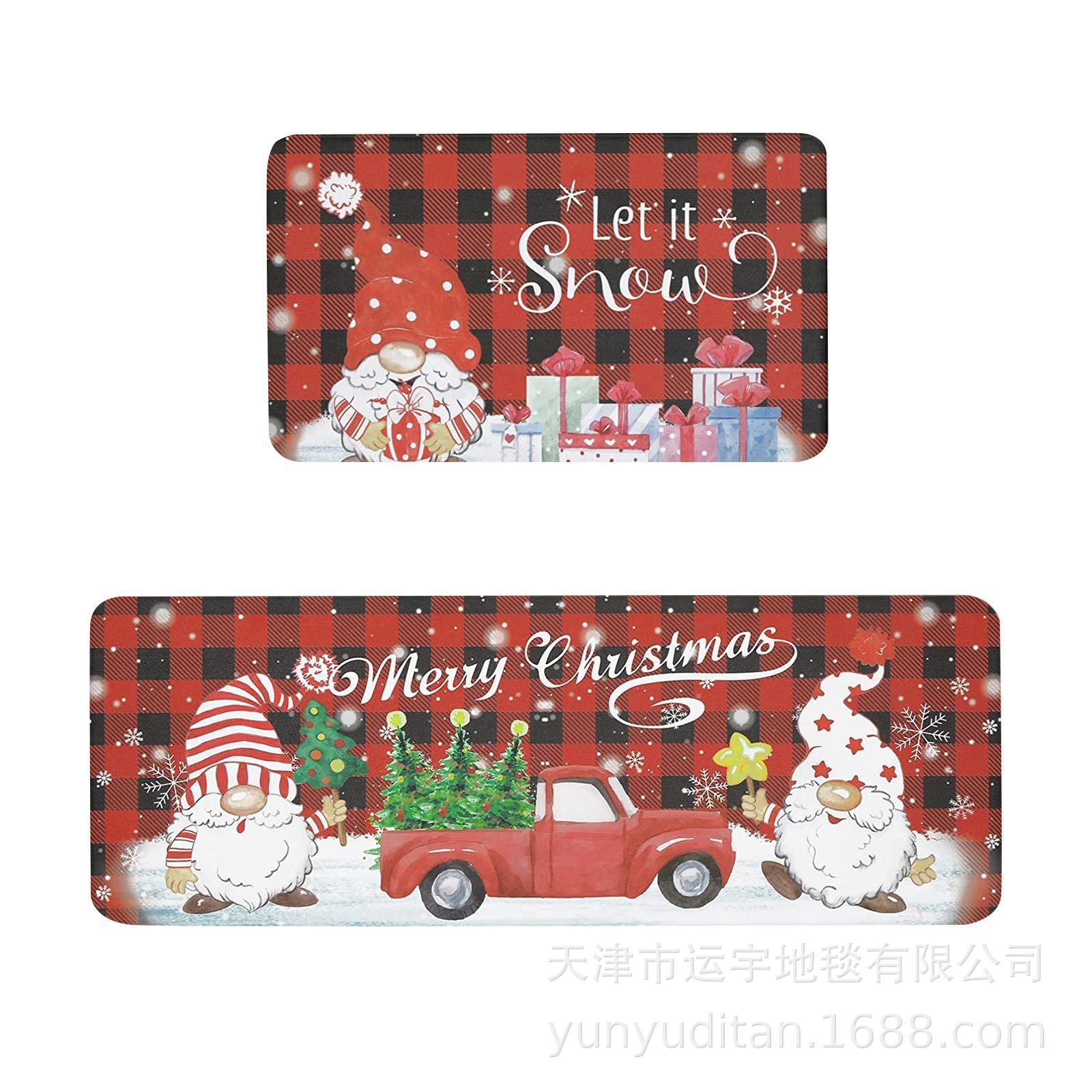 Christmas Kitchen Floor Mat Two-Piece Set Crystal Velvet Water-Absorbent Oil-Absorbent Non-Slip Foot Mat Holiday Decorative Floor Mat