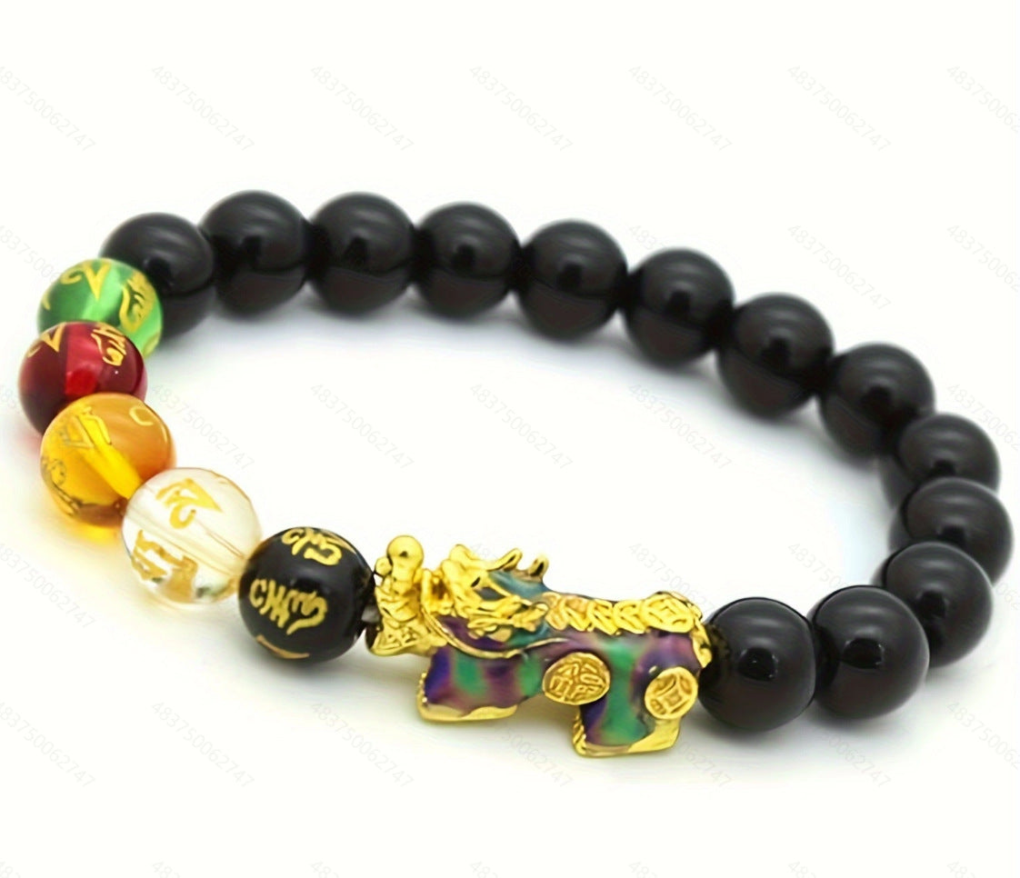 Imitation Obsidian silver Pixiu Bracelet for Women, Wealth-Attracting and Blessing Multi-Gem Bracelet with Six-Word Mantra Buddhist Beads Pixiu Bracelet