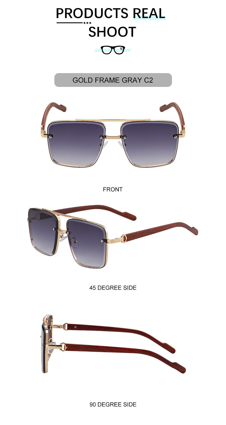 2025New European and American Fashion Square Frame Sunglasses for Men Retro Imitation Wood Grain Temple Double Bridge Sun Protection Sunglasses for Men