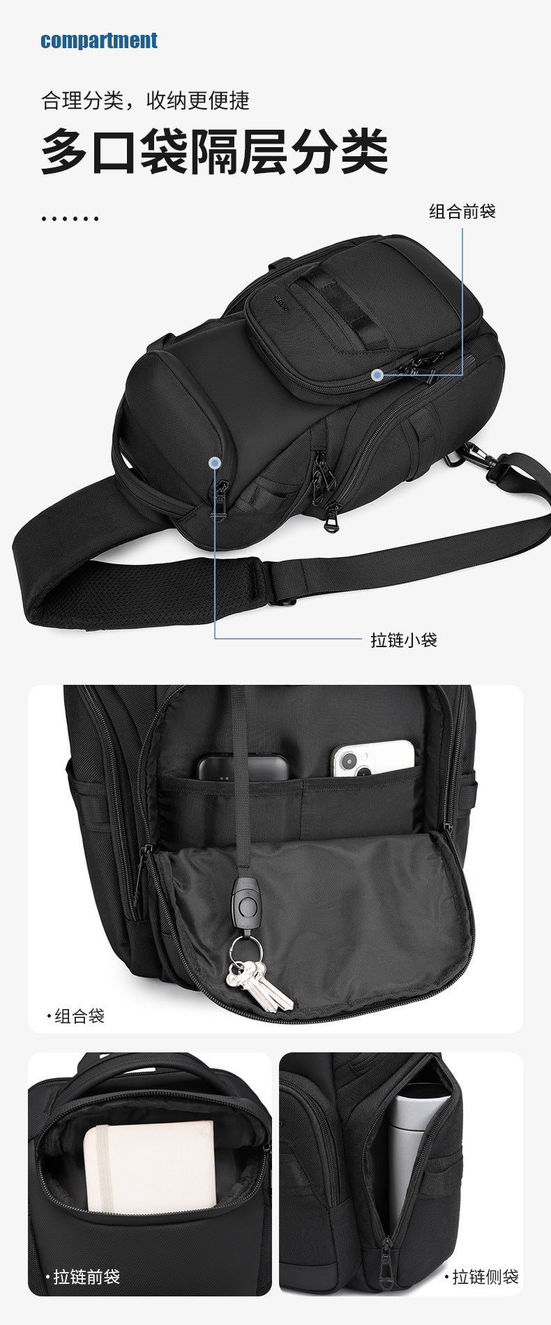 OZUKO Men's Chest Bag Waterproof Large Capacity Multifunctional Crossbody Bag Trendy Portable Lightweight High-end Feel Single Shoulder Bag