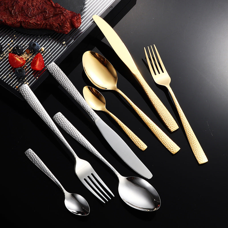 410Stainless Steel Cutlery Restaurant Western Hammered Square Handle Knife Fork Spoon Set Hotel Home Steak Knife Fork