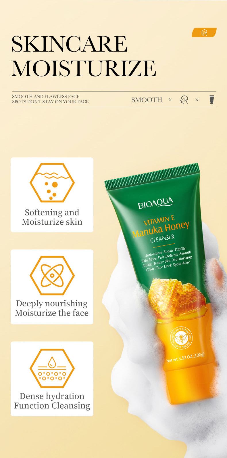 Honey Facial Cleanser100gBIOAOUA Vitamin E Deep Cleansing Facial Cleanser Cross-Border Foreign Trade Wholesale