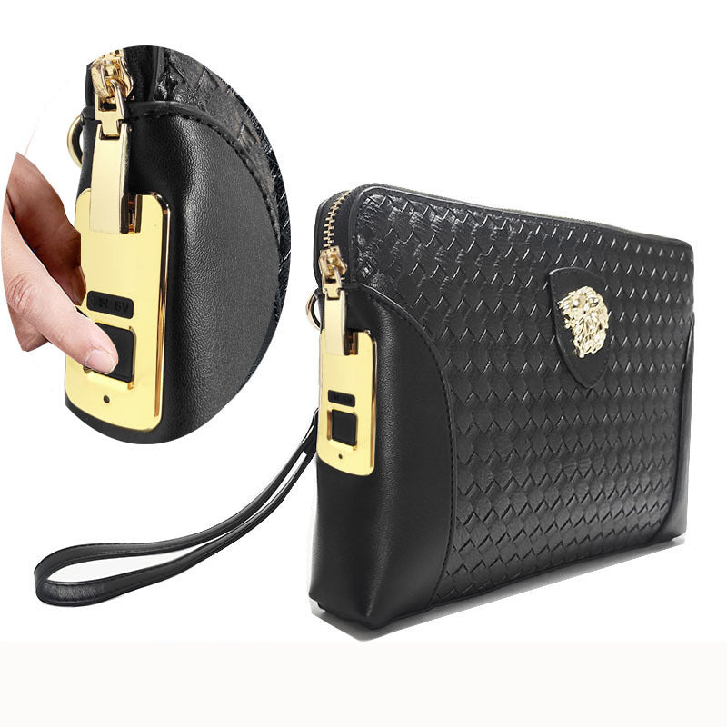 Men's Genuine Leather Handbag with Fingerprint Unlock, Clutch Bag with Password Lock, Business Fashion Portable Clutch