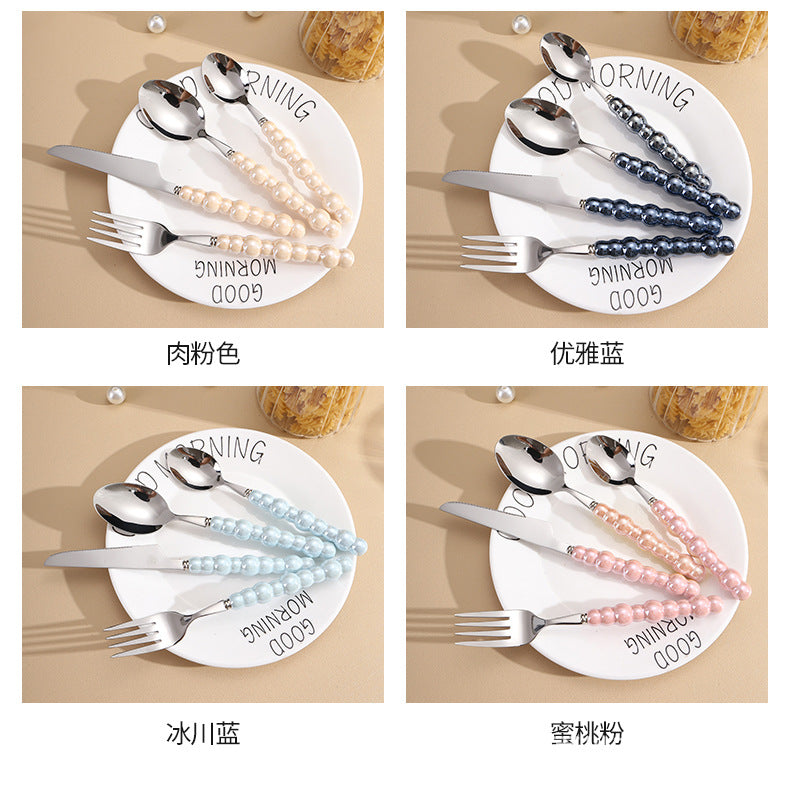 Pearl Ceramic Handle Knife European Style Set Light Luxury Nordic Style304Stainless Steel Western Cutlery Knife Fork Spoon INS