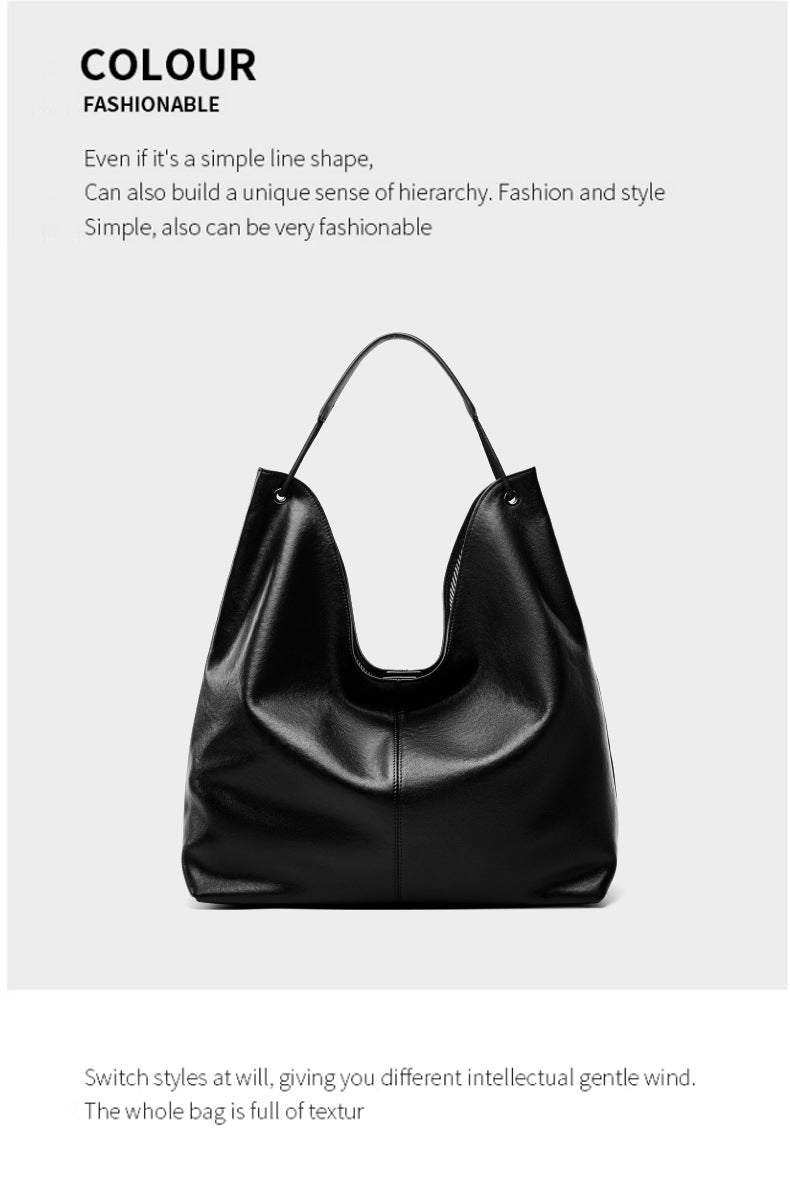 New Vegetable-Tanned Leather Trendy Large-Capacity Textured Tote Bag Versatile Shoulder Bag for Class and Commuting