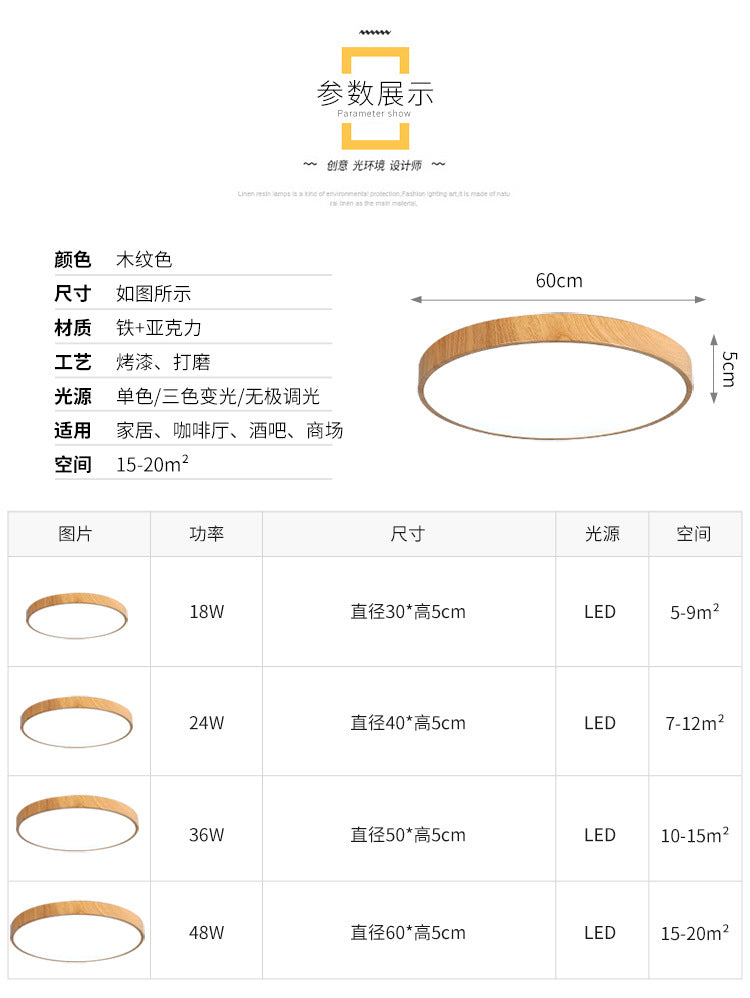 Nordic Ultra-Thin Imitation Wood Grain Ceiling Light Round Modern Minimalist led Room Bedroom Lamp Iron Art Balcony Living Room Lamp