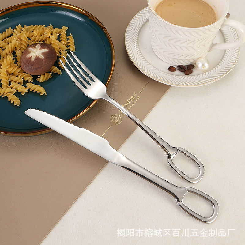 304Stainless Steel Western Cutlery Set with Rings, Steak Knife, Fork, Spoon, European Style Hanging Hole Tea Spoon with Tail Set