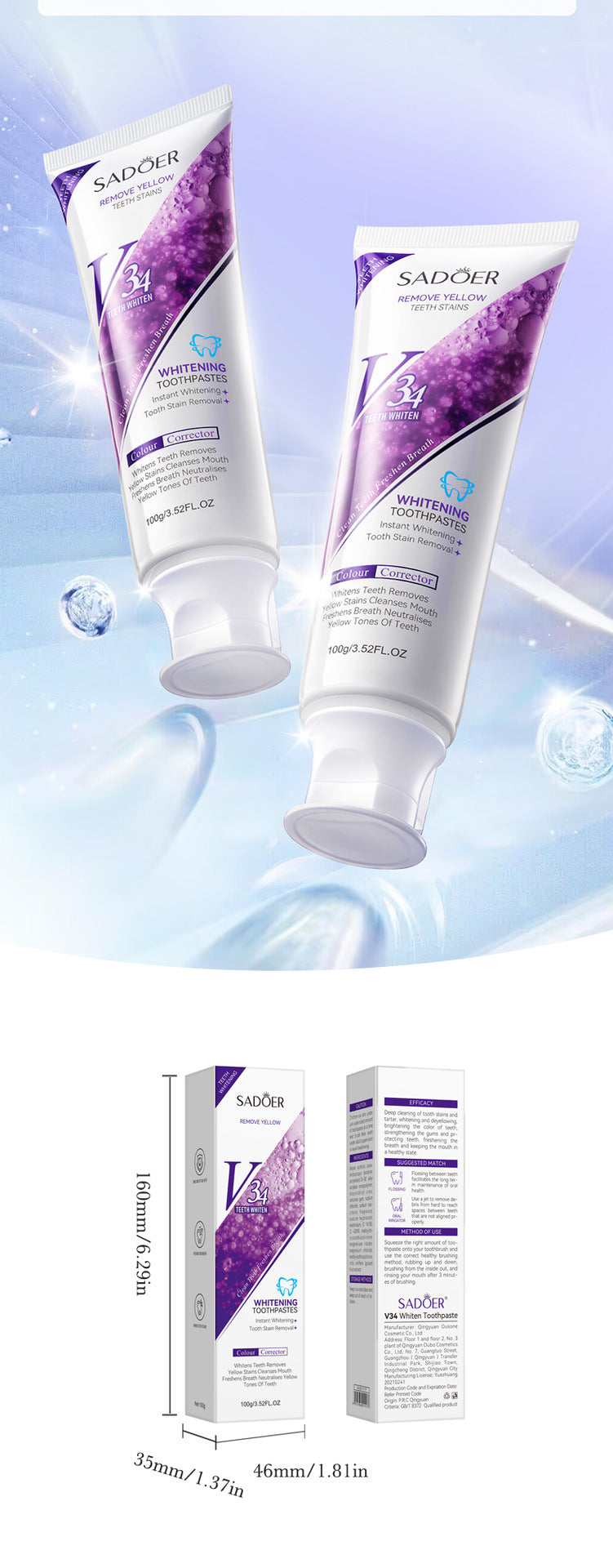 Full English V34Whitening Toothpaste SADOER Clean Tartar Brightening Toothpaste  Wholesale