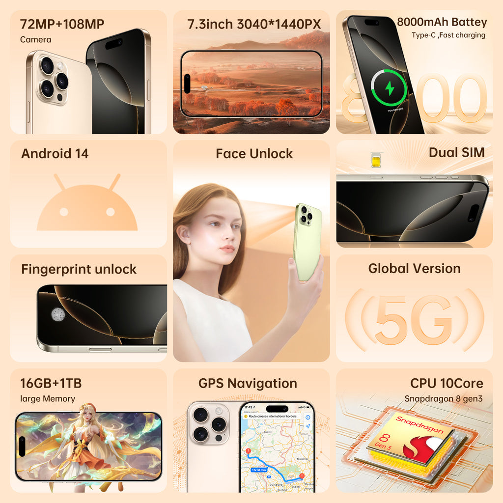 Hot-Selling Android Phone i16Pro Max Smartphone7.3Inch16+1T Factory Direct Sales of Mobile Phones