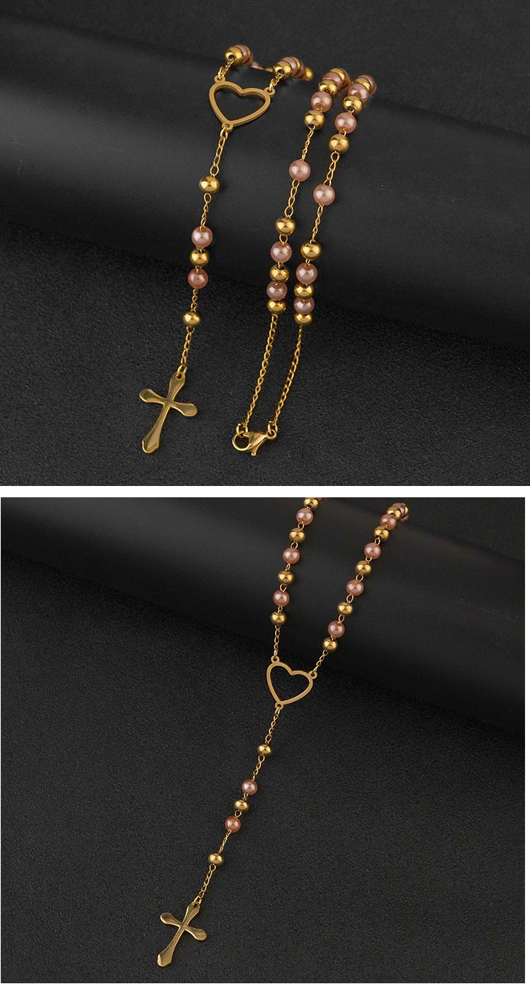 2025Autumn Winter New Style Personality Cross Titanium Steel Necklace Light Luxury Niche Stainless Steel Beaded Sweater Chain for Women