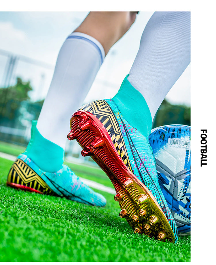 Large Size Men's Soccer Shoes AG Long Spike Gold-Plated Hot Stamping Football Shoes for Youth Professional Competition Training Shoes Wholesale