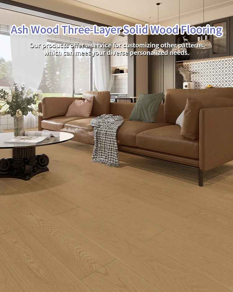 Three-Layer Engineered Ash Wood Flooring Custom Solid Hardwood UV Lacquer Finish Waterproof Anti-slip for Living Room Outdoor