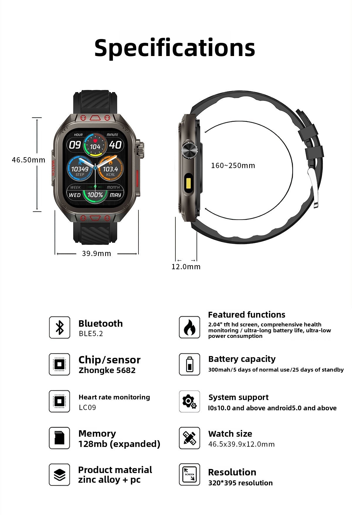 ZW10 Max Smart Watch Bluetooth Call True Heart Rate Step Sleep Monitor Flashlight Outdoor Three-Proof Sports