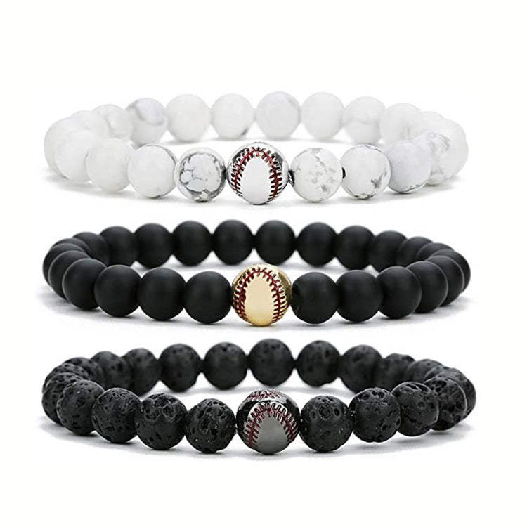 Sports Style Baseball Bracelet Men's Frosted White Turquoise8mm Beaded Bracelet Elastic Cord Volcanic Stone Baseball Bracelet