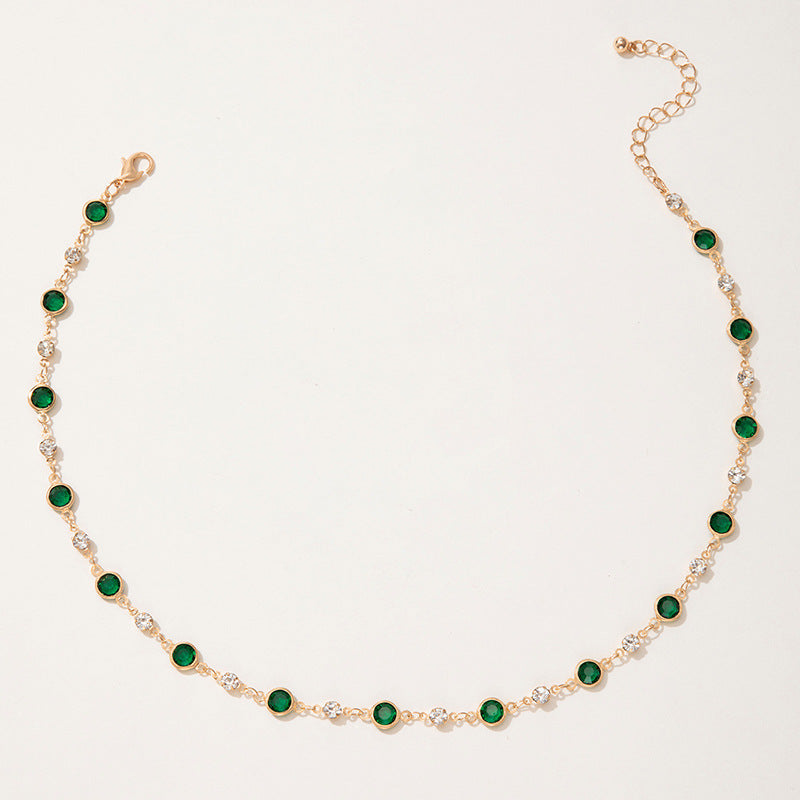 European and American New Style Green Zircon Niche Personality Retro Inlaid Diamond Short Necklace Collarbone Chain Choker chocker Female
