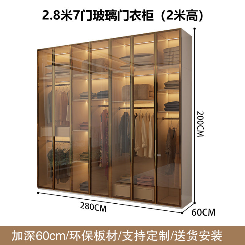 Glass Door Wardrobe with Lights, Solid Wood, Home Bedroom, Modern Simple European Pine Board, Cream Color, Skin Feel Storage, Large Wardrobe