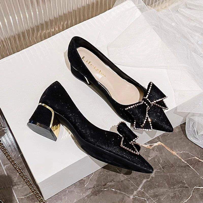 French style high heels with chunky heels and pointed toes for women2025New Spring and Autumn Style Elegant Plus Size Women's Shoes Mid-Heel Wedding Shoes