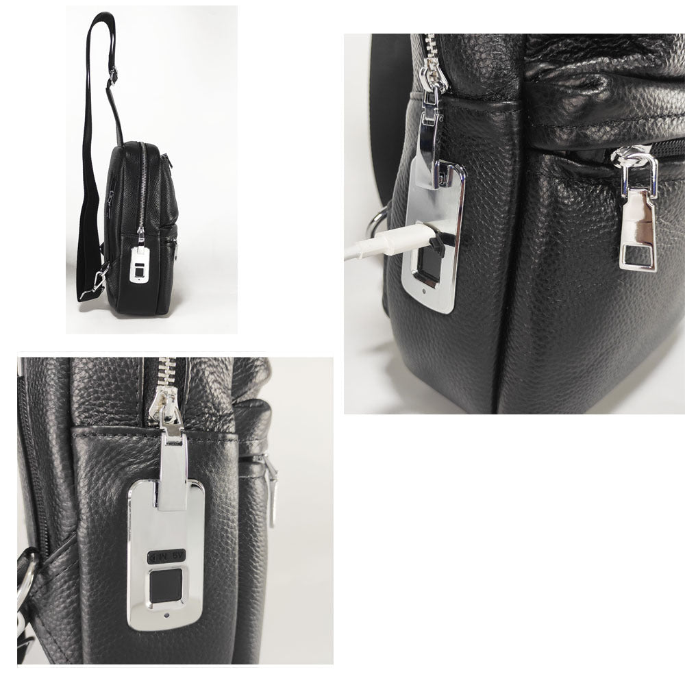 Fingerprint Unlock Men's Bag Genuine Leather Single Shoulder Crossbody Bag Top Layer Cowhide Casual Large Capacity High-end Chest Bag Anti-theft Bag