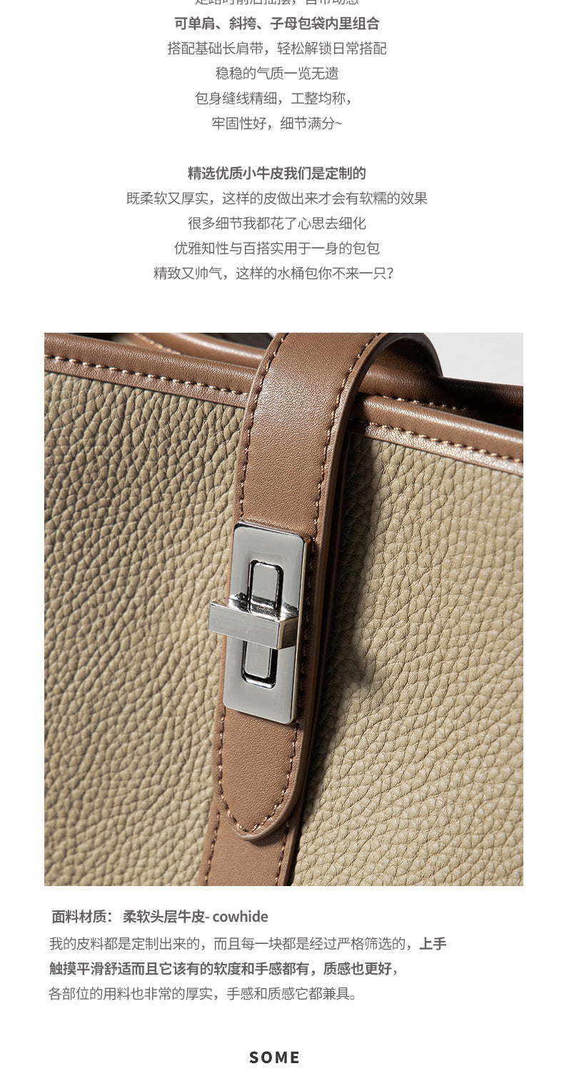 European and American Retro Large Capacity Single Shoulder Bucket Bag Daily Use Top Layer Cowhide Crossbody Women's Bag