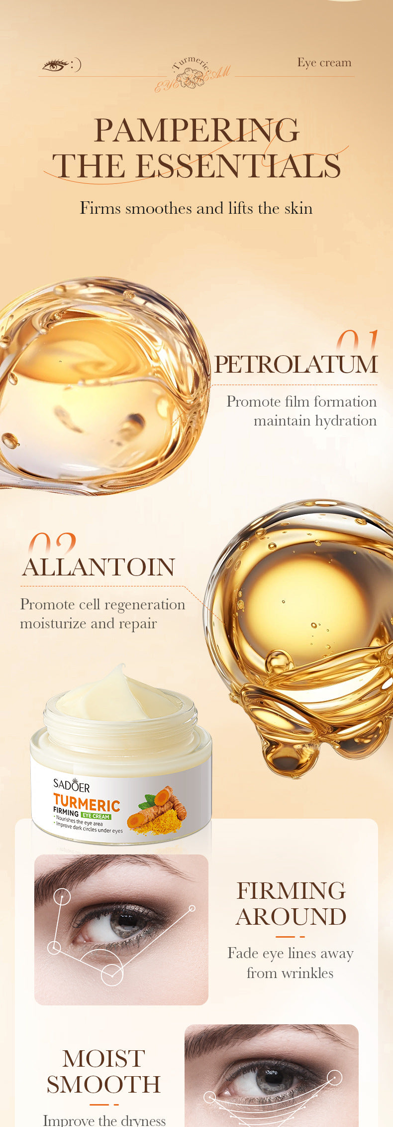 Full English Turmeric Eye Cream SADOER Moisturize and Improve Dark Circles, Eye Lines, Eye Bags,  Wholesale