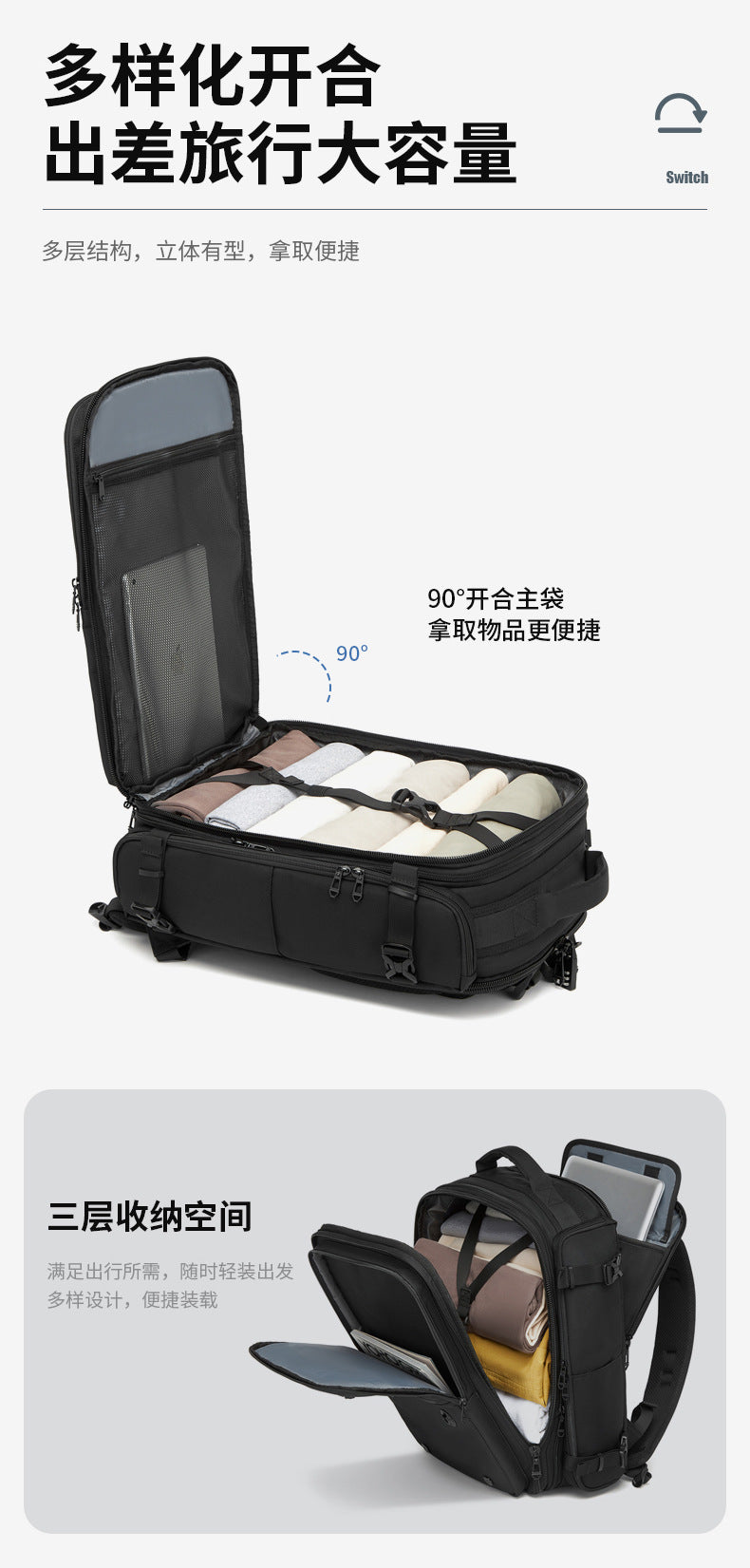 OZUKO Multifunctional Backpack Men's Large Capacity Backpack 3-in-1 detachable outdoor sports travel bag