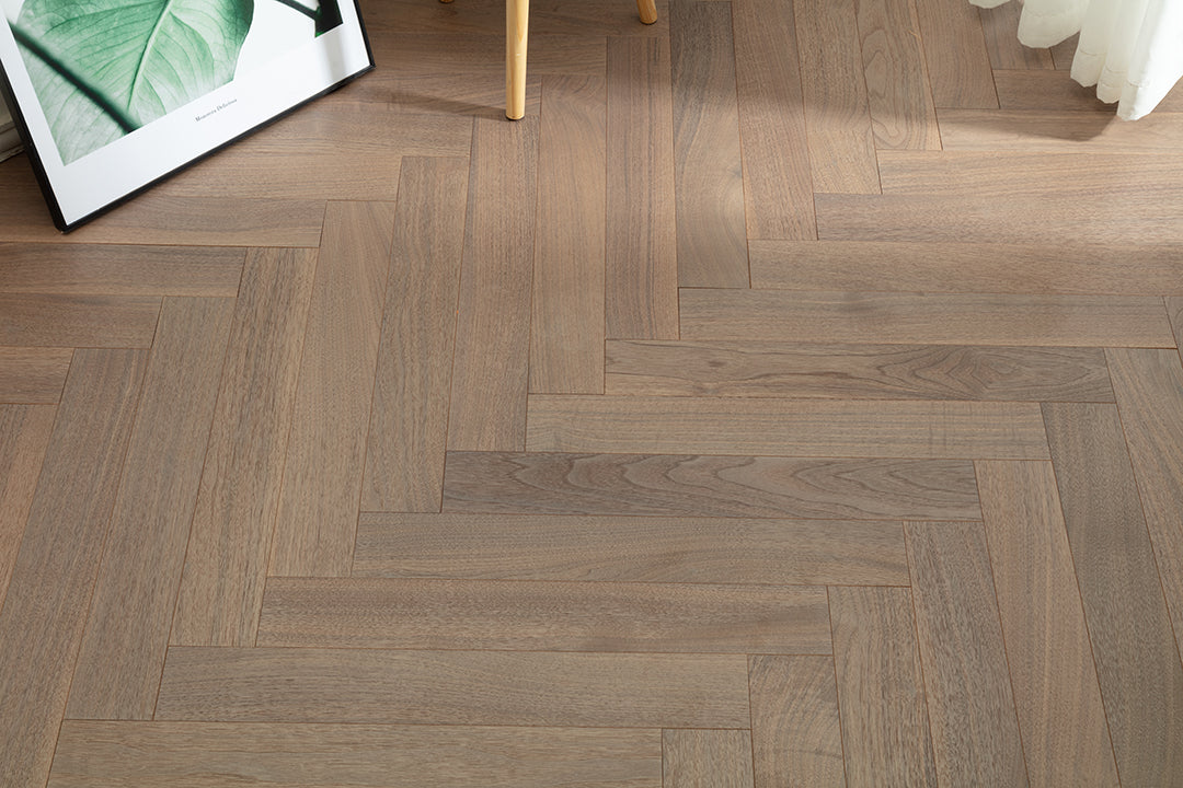 9215 Herringbone Art Parquet  Metallic UV Full Birch Multi-layer Core Solid Wood Black Walnut Veneer Brushed Clickblock Joint Engineered Flooring