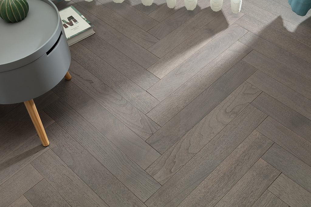 9216 Herringbone Art Parquet  Metallic UV Full Birch Multi-layer Core Solid Wood Black Walnut Veneer Brushed Clickblock Joint Engineered Flooring