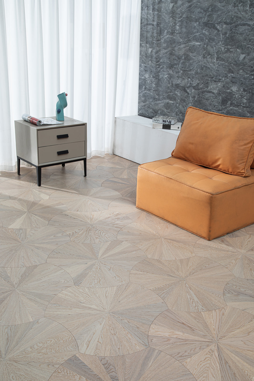 YXPX602 Pale Greige Oak Sunburst Radial Organic Parquet Flooring | Lotus Leaf Series