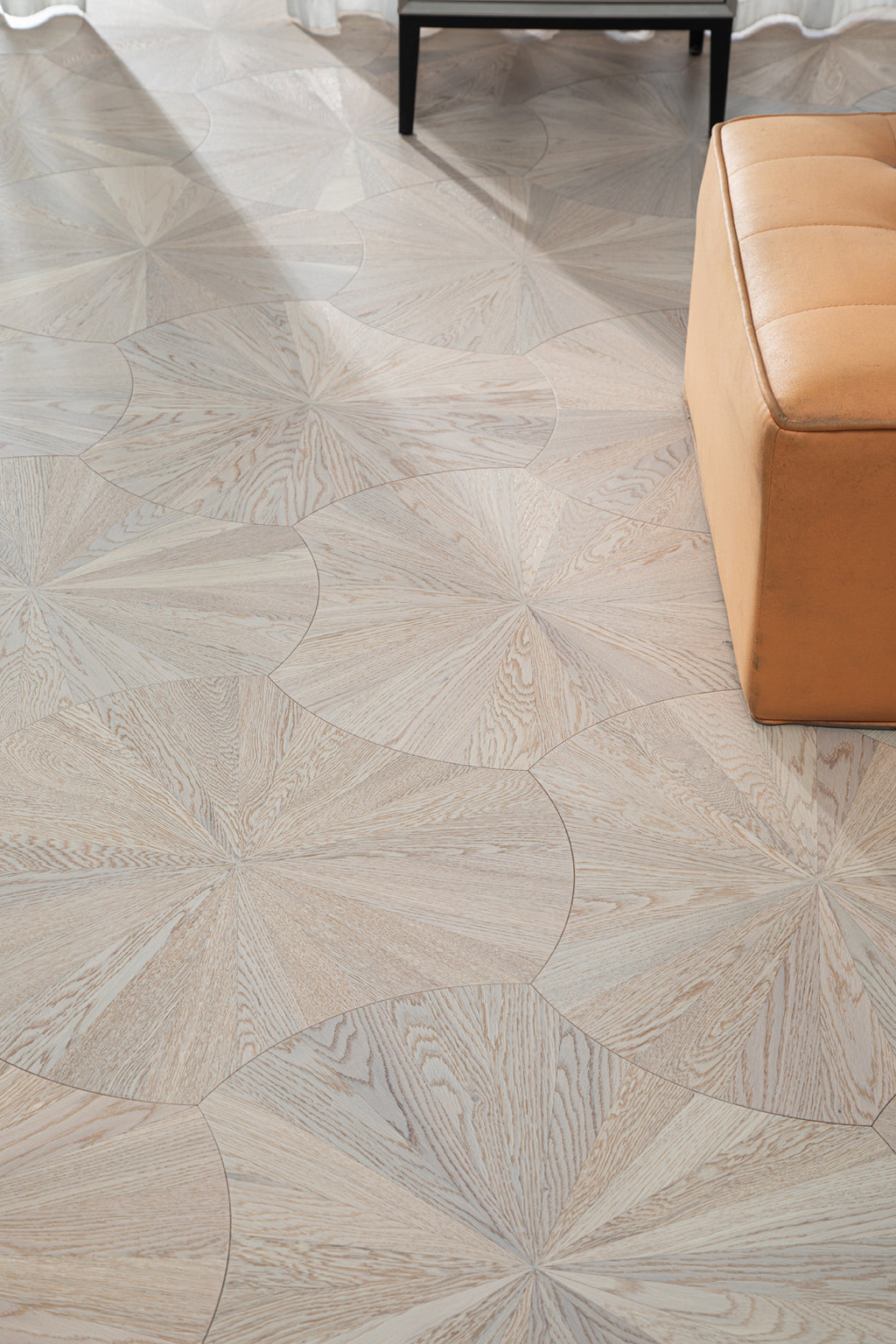 YXPX602 Pale Greige Oak Sunburst Radial Organic Parquet Flooring | Lotus Leaf Series