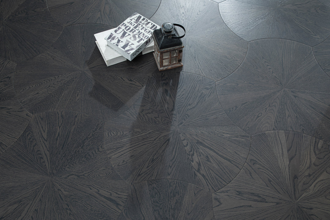 YXPX603 Deep Charcoal Oak Sunburst Radial Luxury Parquet Flooring | Lotus Leaf Series