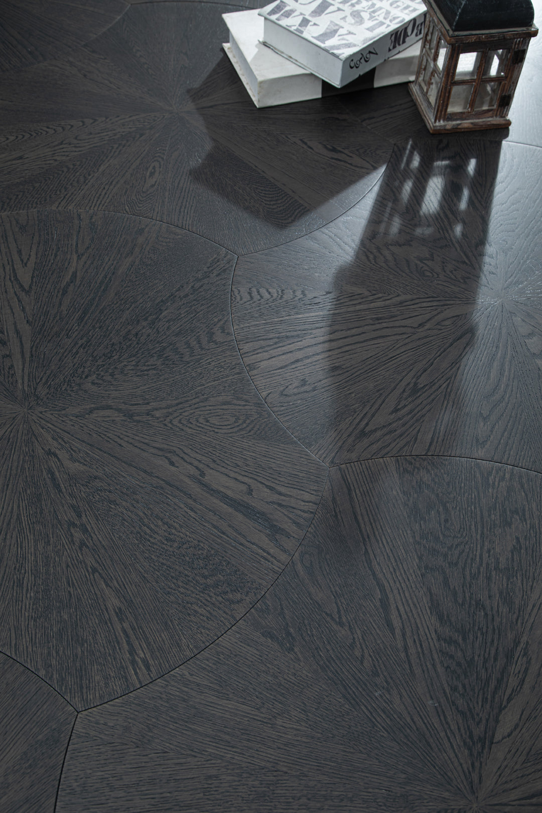 YXPX603 Deep Charcoal Oak Sunburst Radial Luxury Parquet Flooring | Lotus Leaf Series