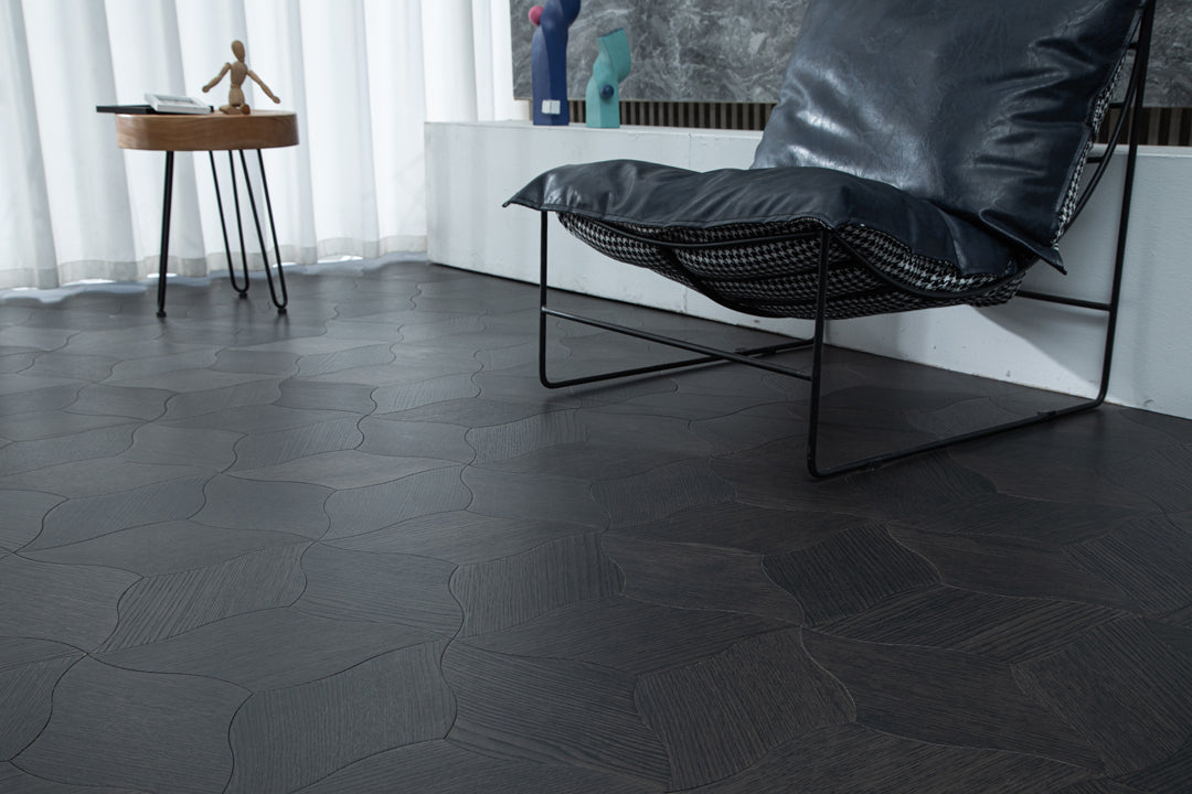 YXPX610 Charcoal Smoked Oak Lily Petal Curved Luxury Artistic Parquet Flooring | Lily Series