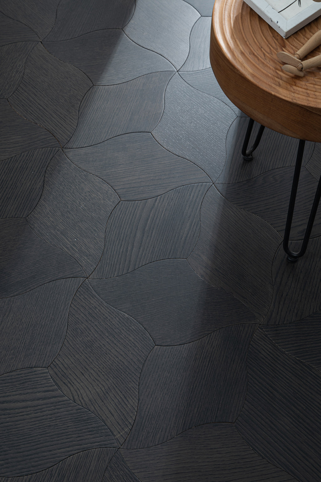 YXPX610 Charcoal Smoked Oak Lily Petal Curved Luxury Artistic Parquet Flooring | Lily Series