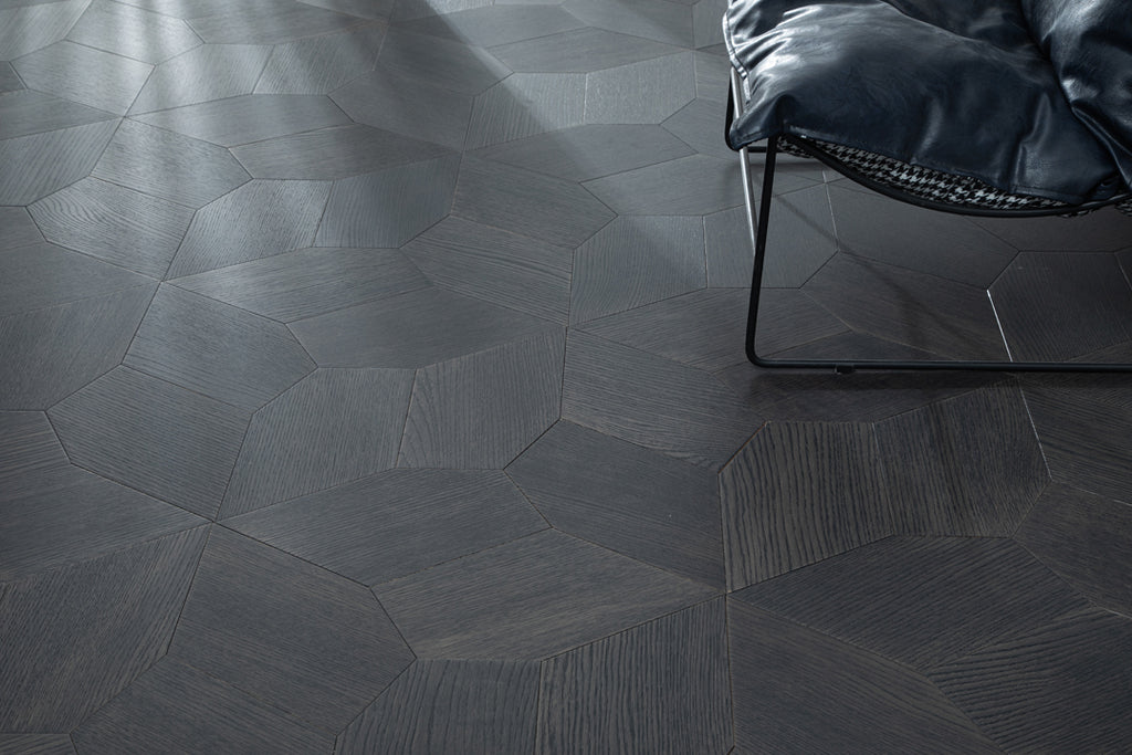 YXPX618 Charcoal Oak Irregular Polygon Mosaic Premium Parquet Flooring | Fragmented Jade Series