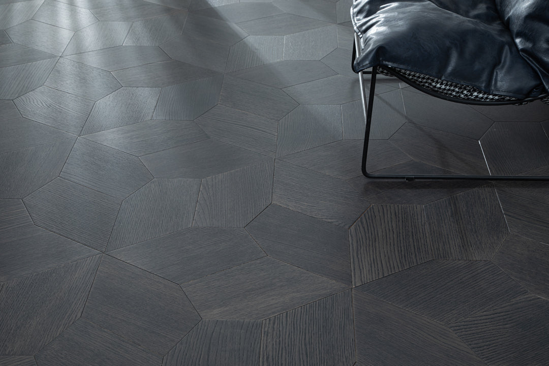 YXPX618 Charcoal Oak Irregular Polygon Mosaic Premium Parquet Flooring | Fragmented Jade Series