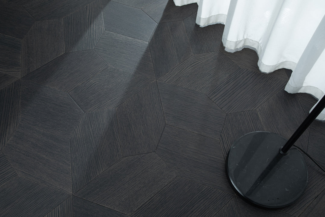 YXPX618 Charcoal Oak Irregular Polygon Mosaic Premium Parquet Flooring | Fragmented Jade Series