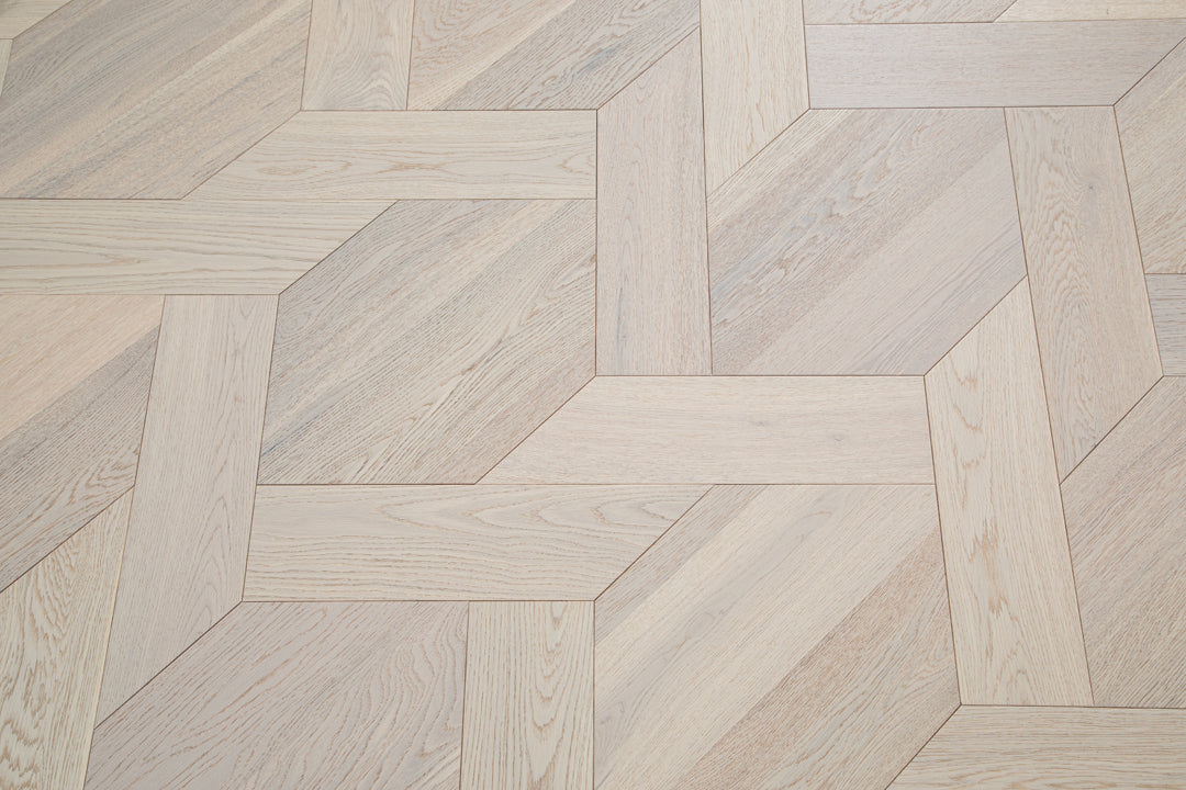 YXPX621   Washed Grey Oak Woven Knot Pattern Minimalist Oriental Artistic Parquet Flooring | Chinese Knot Series