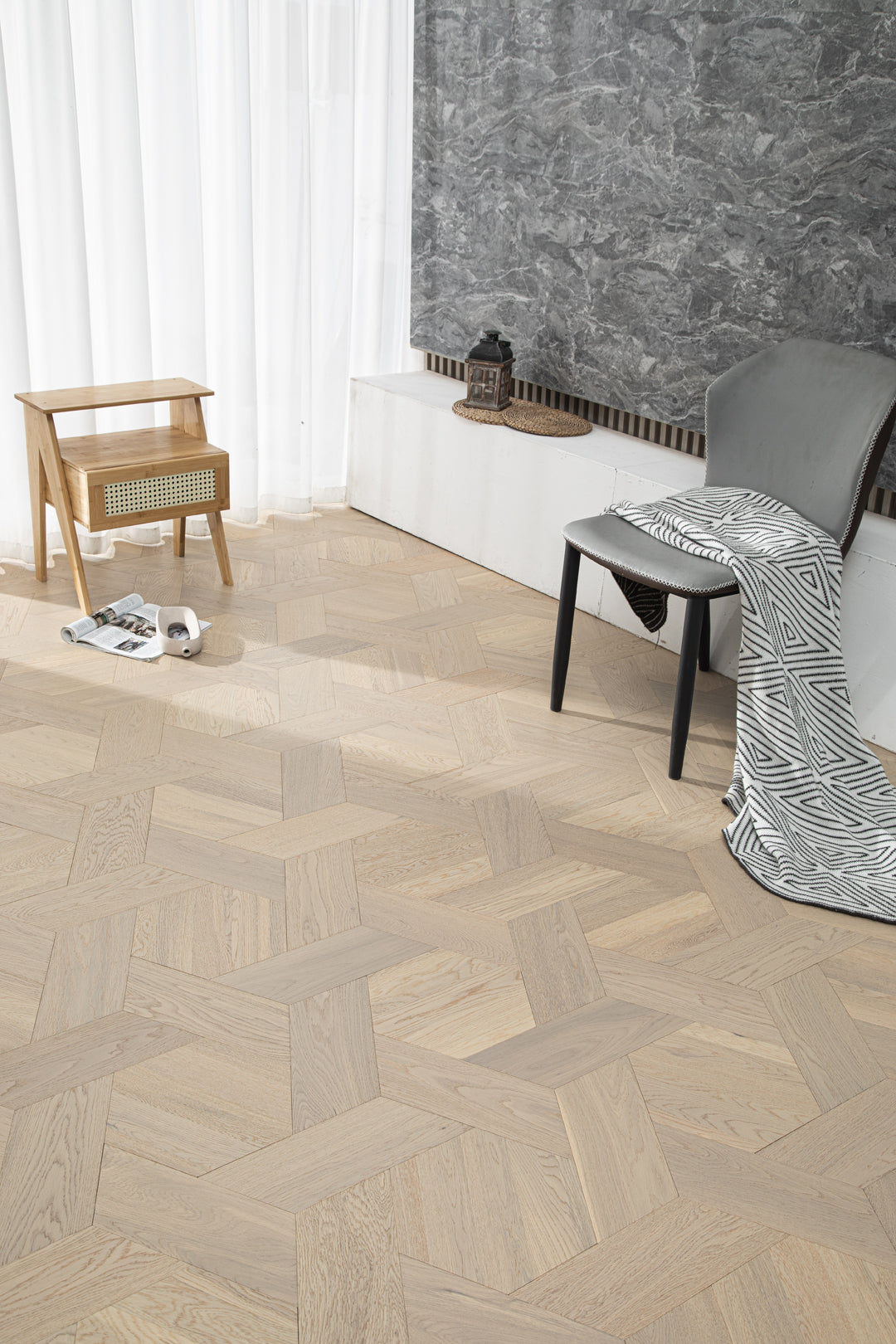 YXPX626 Light Oak Hexagonal Chevron Modern Geometric Parquet Flooring | Honeycomb Motif Series