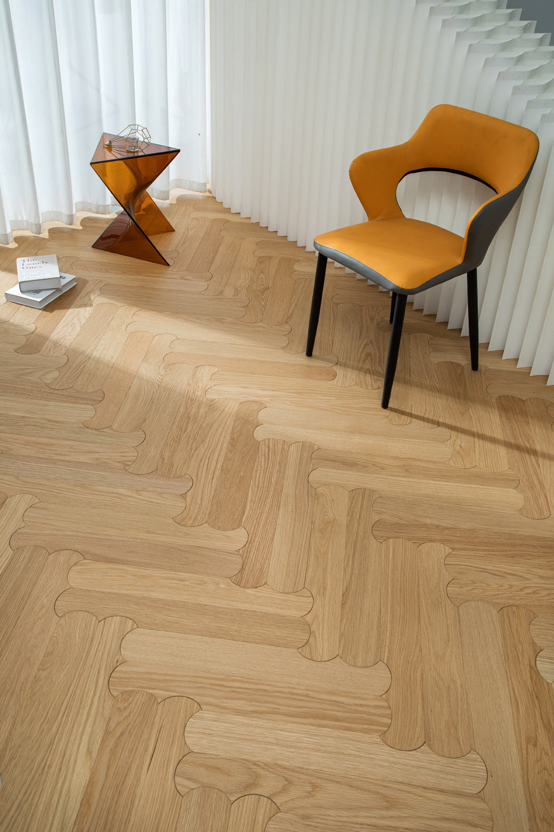 YXPX629 Natural Oak Scalloped Edge Soft Romantic Parquet Flooring | Scalloped Herringbone Series