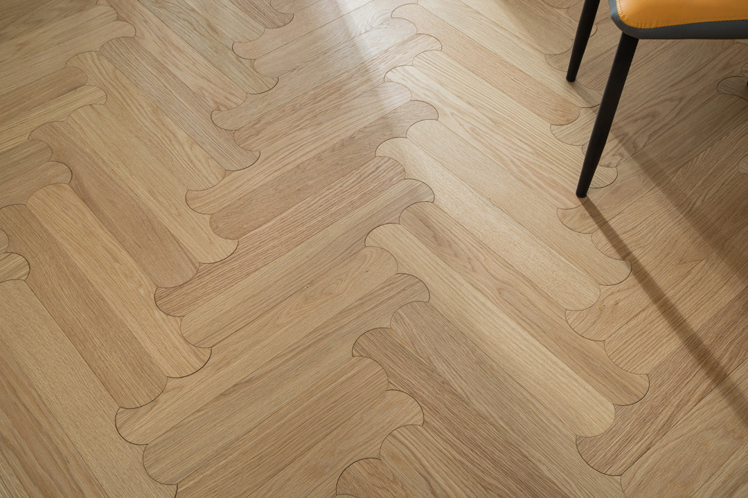 YXPX629 Natural Oak Scalloped Edge Soft Romantic Parquet Flooring | Scalloped Herringbone Series