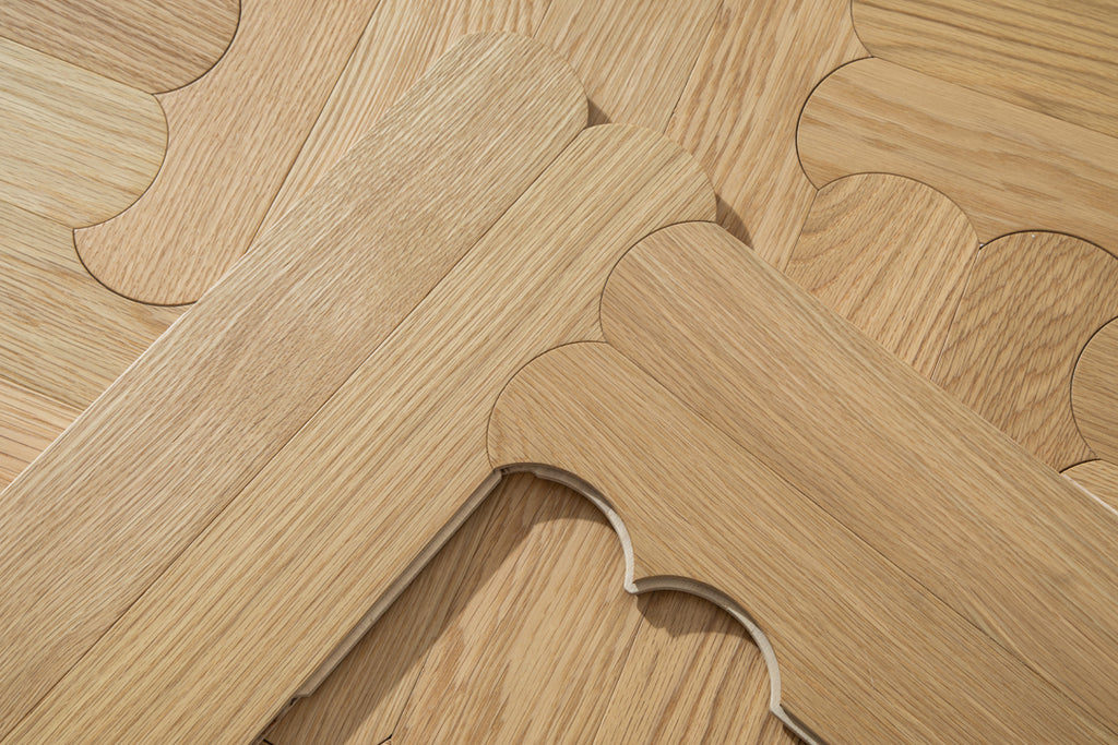 YXPX629 Natural Oak Scalloped Edge Soft Romantic Parquet Flooring | Scalloped Herringbone Series