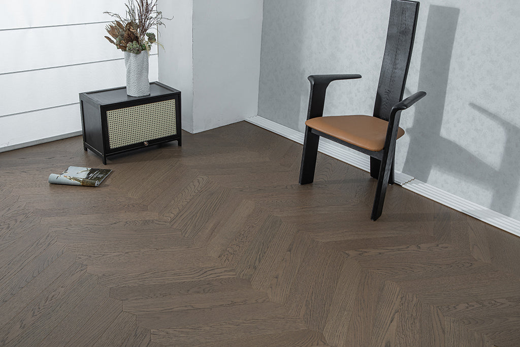 YXPX650 Mocha Smoked Oak Wide Herringbone Refined Modern Ribbed Parquet Flooring | Ribbon Series